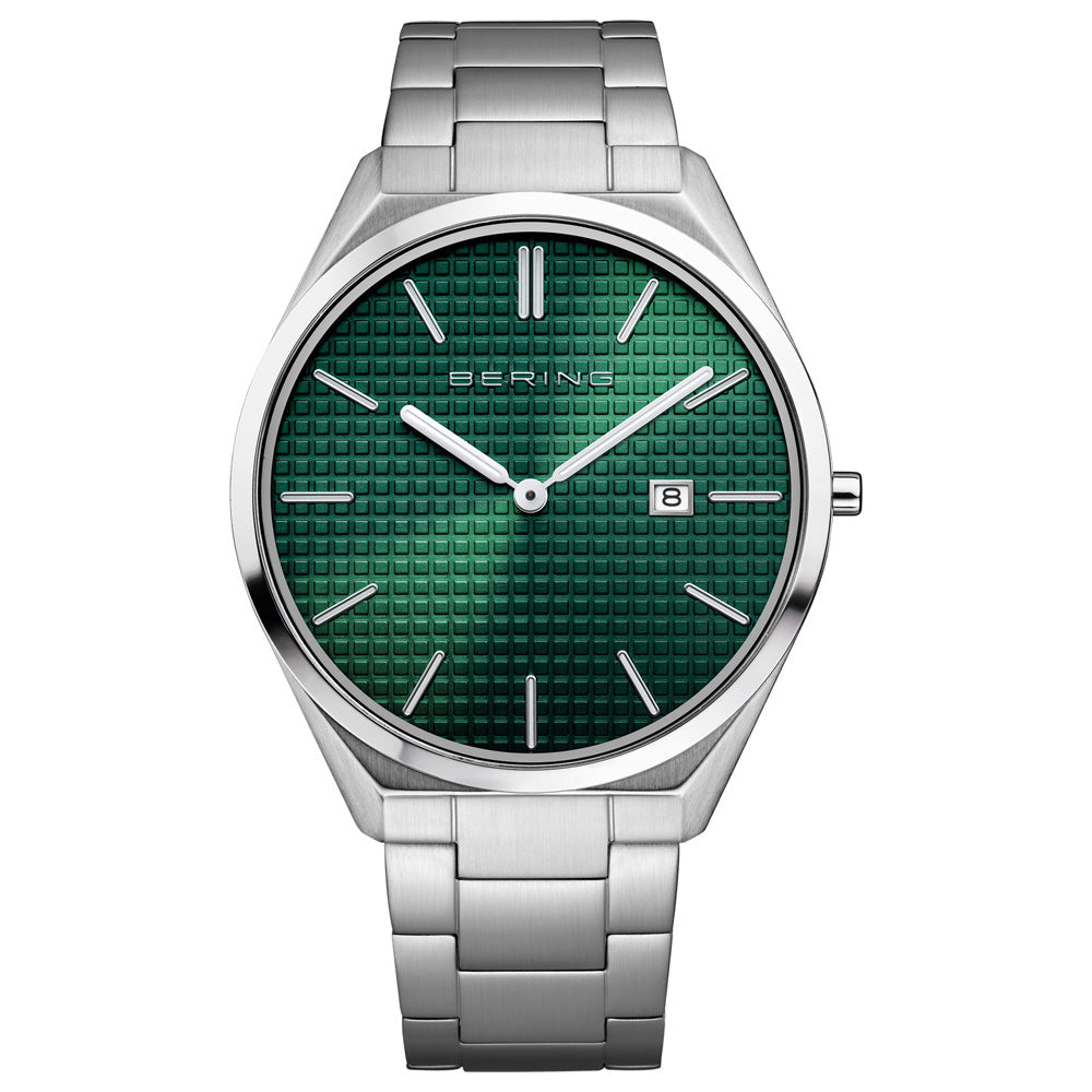 Bering Ultra Slim 40mm Green Dial Polished Silver Strap Watch