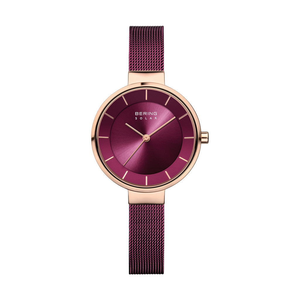 Bering Solar 31mm Rose Gold Purple Milanese Strap Watch