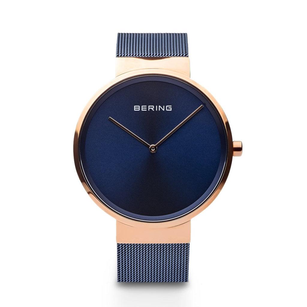 Bering Classic Polished Rose Gold 39mm Blue Mesh Watch