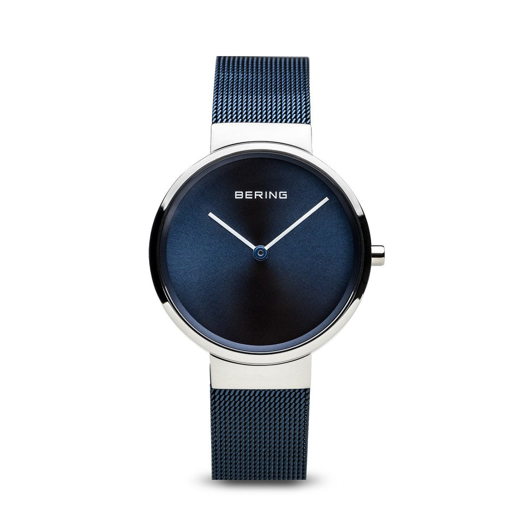 Bering Classic Brushed Silver Blue Mesh Watch