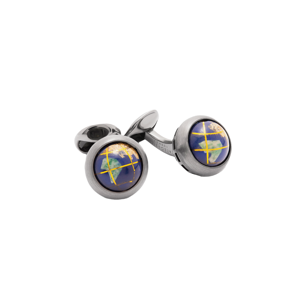 Tateossian Globe Revolve cufflinks with lapis in sterling silver
