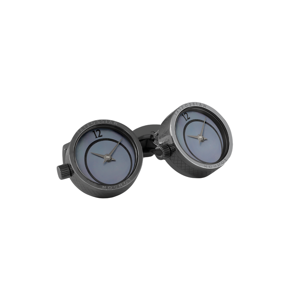 Tateossian Prezioso Watch cufflinks with black mother of pearl in black IP stainless steel