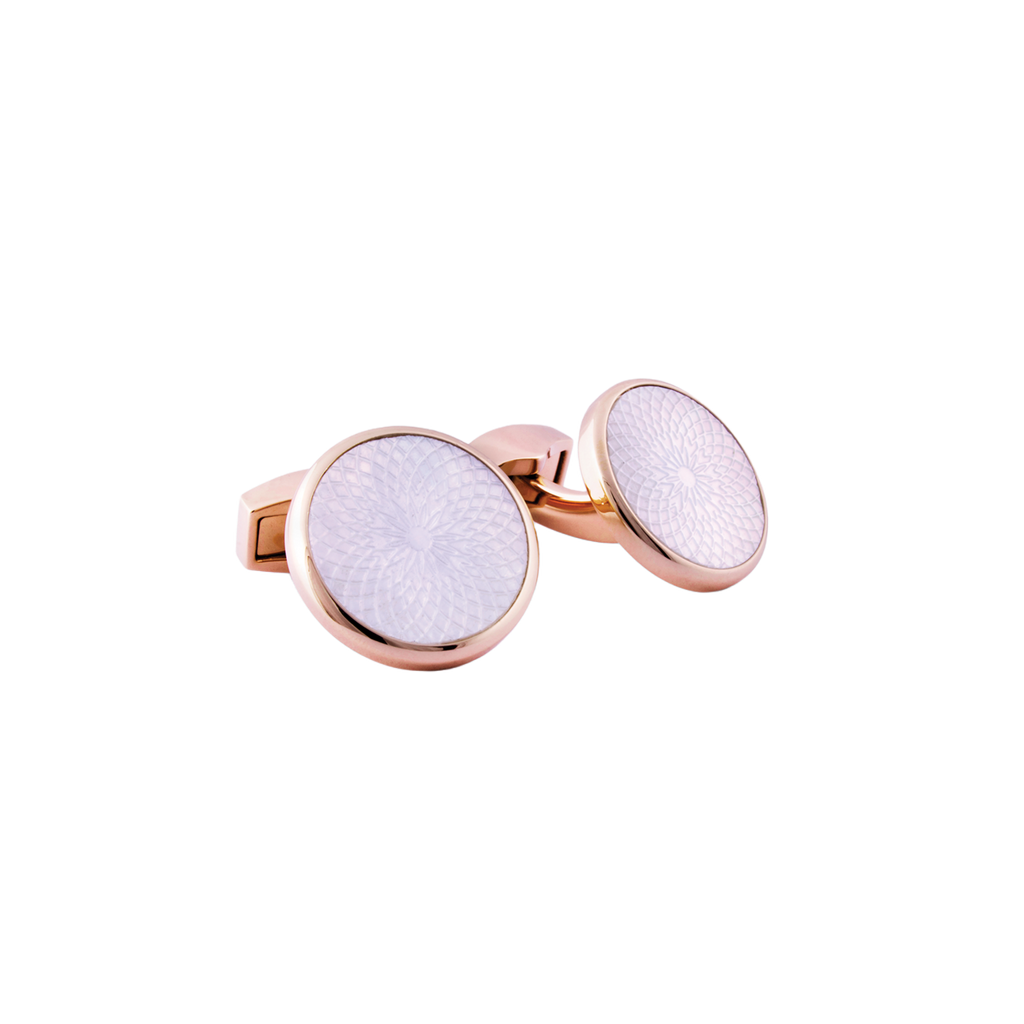 Tateossian Rotondo Guilloché cufflinks with mother of pearl in rose gold plated stainless steel