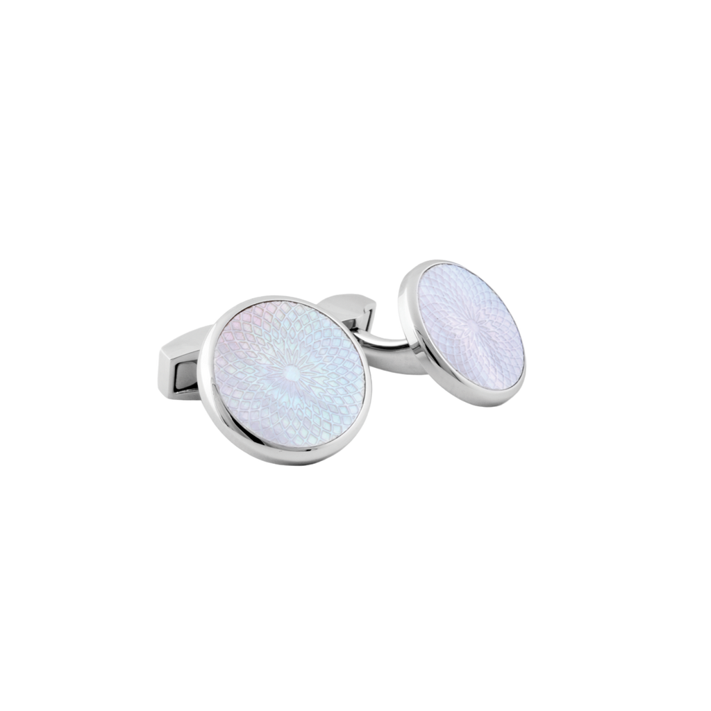 Tateossian Rotondo Guilloché cufflinks with white mother of pearl in silver rhodium plated stainless steel