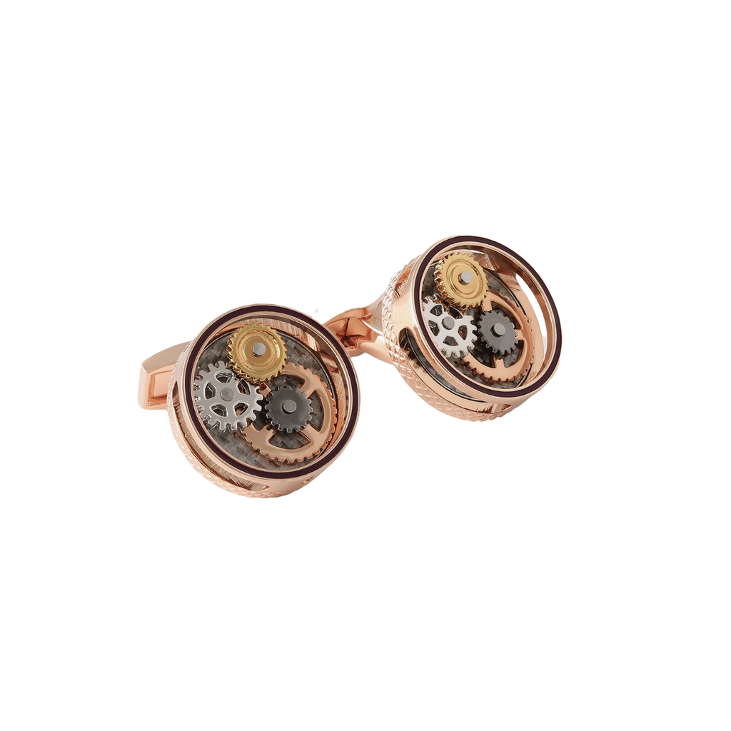 Tateossian Round Gear Carbon Fibre cufflinks with rose gold finish