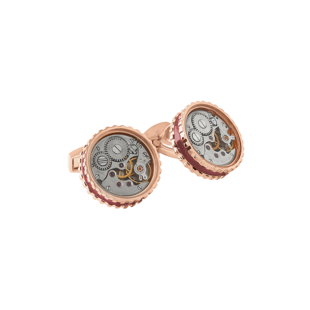 Tateossian Round Skeleton Gear cufflinks with Burgundy enamel in Rose Gold plated stainless steel