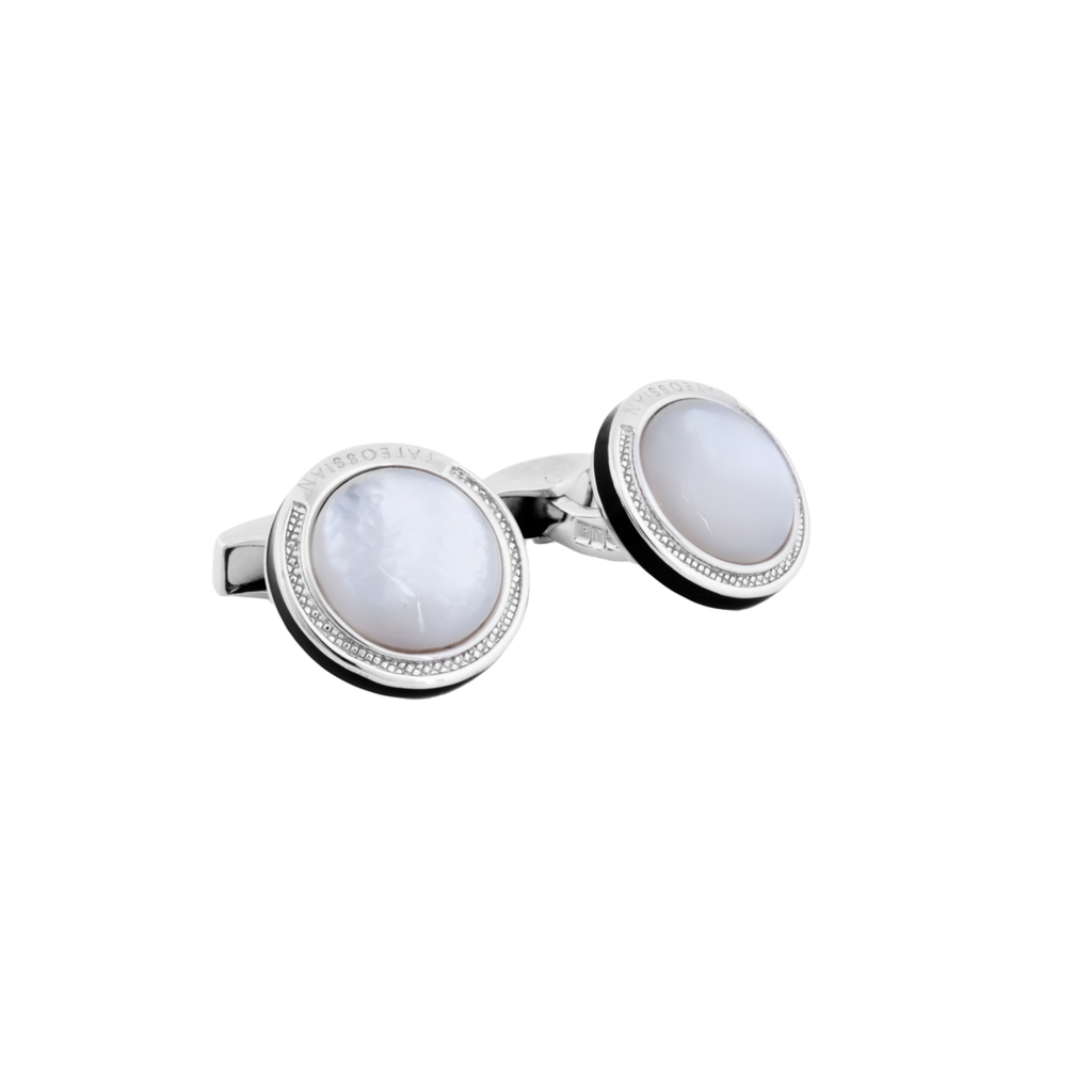 Tateossian Signature Round cufflinks with white mother of pearl in sterling silver