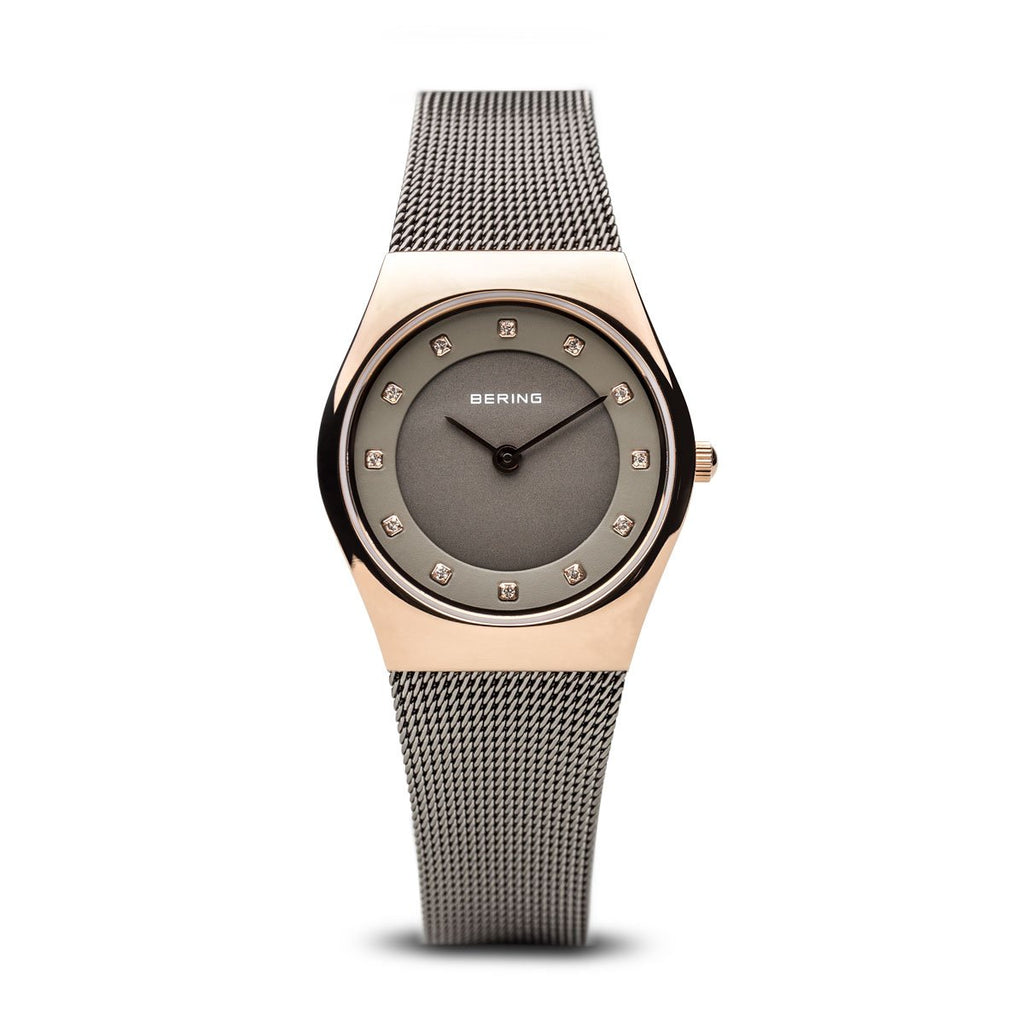 Bering Classic Polished Rose Gold Grey Mesh Watch
