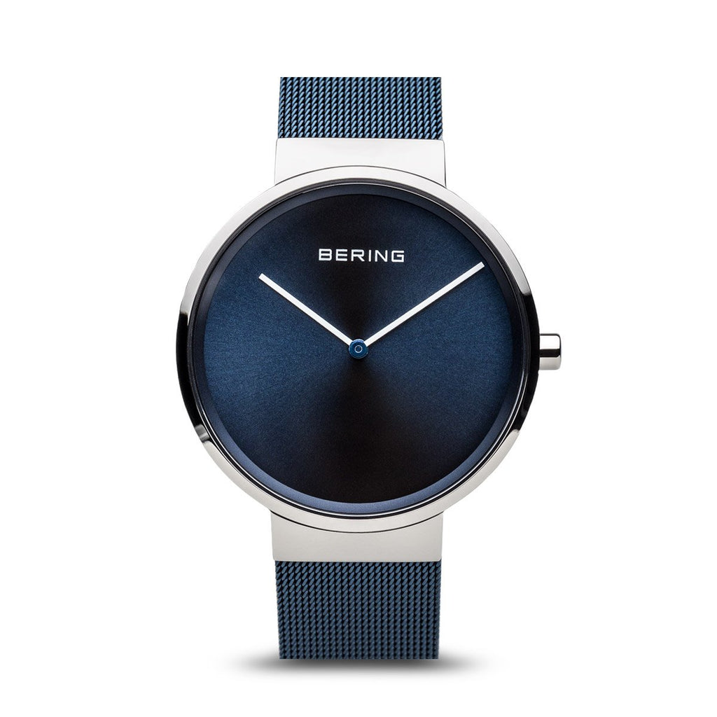 Bering Classic Brushed Silver Blue Milanese Mesh Watch