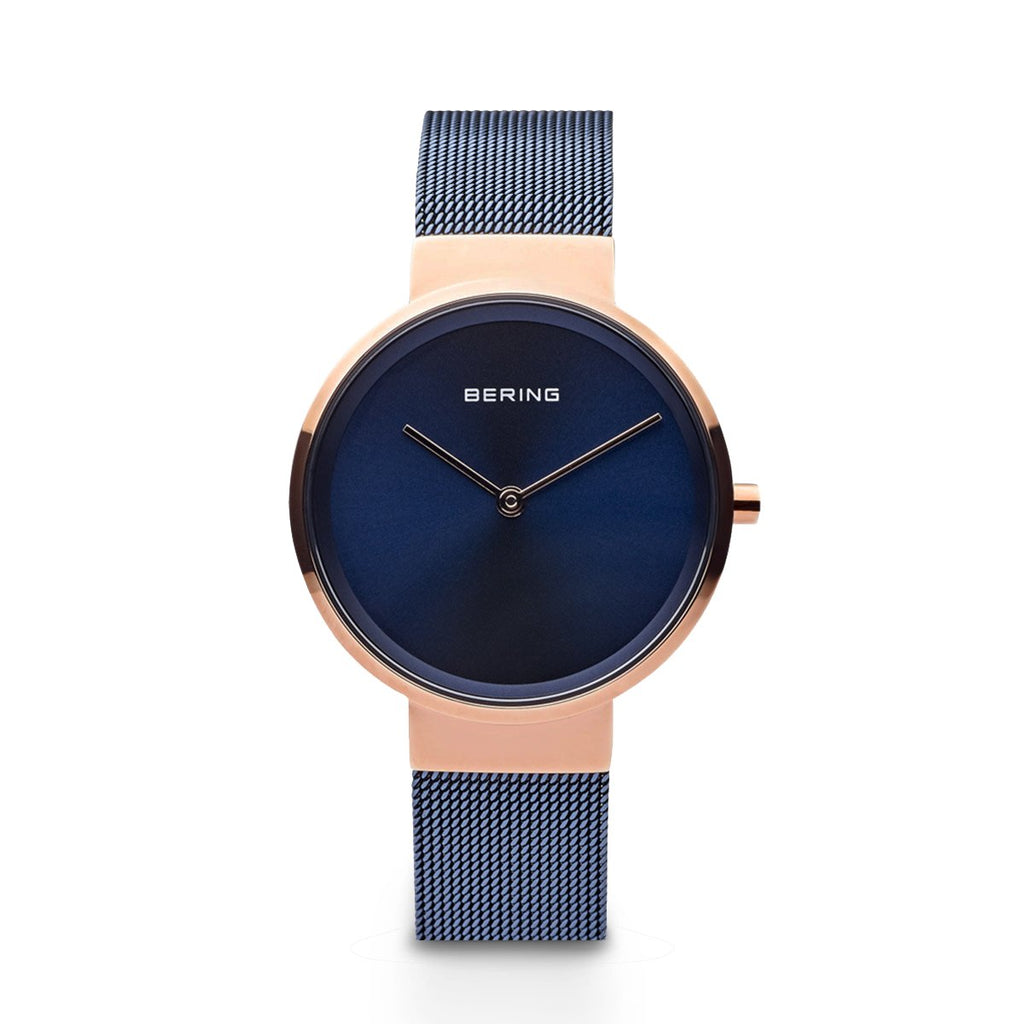 Bering Classic Polished Rose Gold Blue Mesh Watch