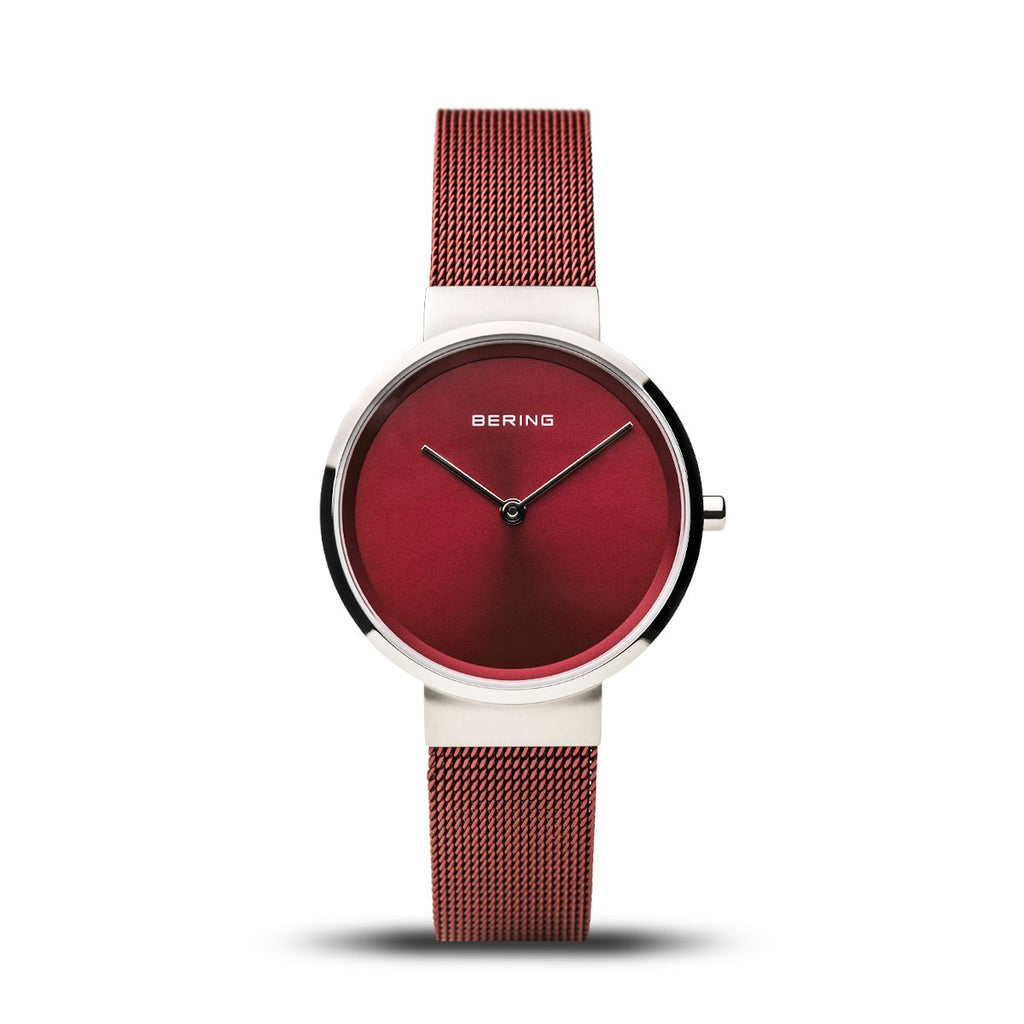 Bering Classic Brushed Silver Red Mesh Watch